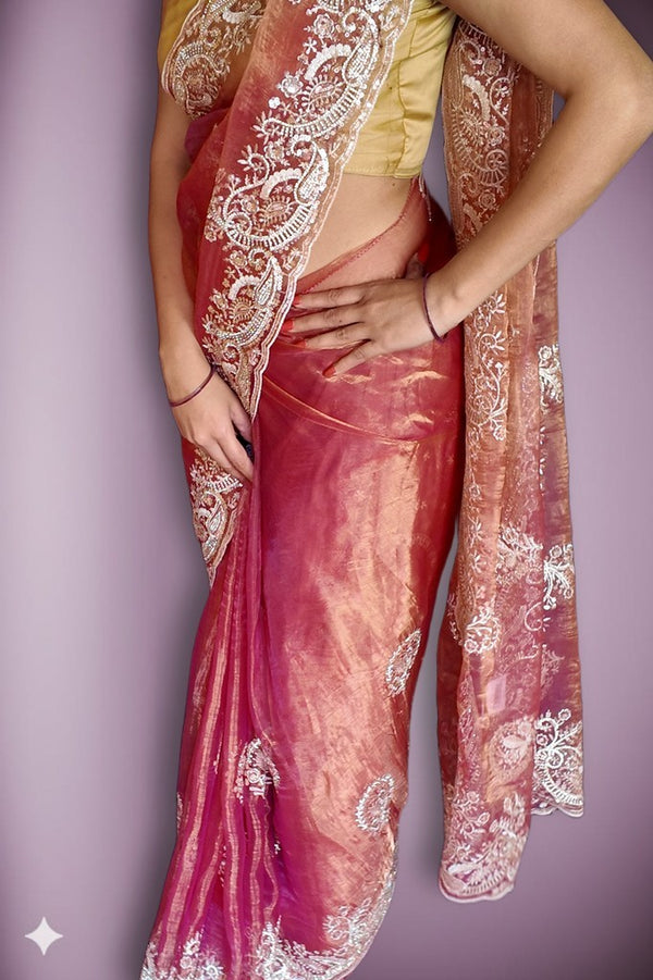 Coral Ethereal Exquisite Bloom Saree