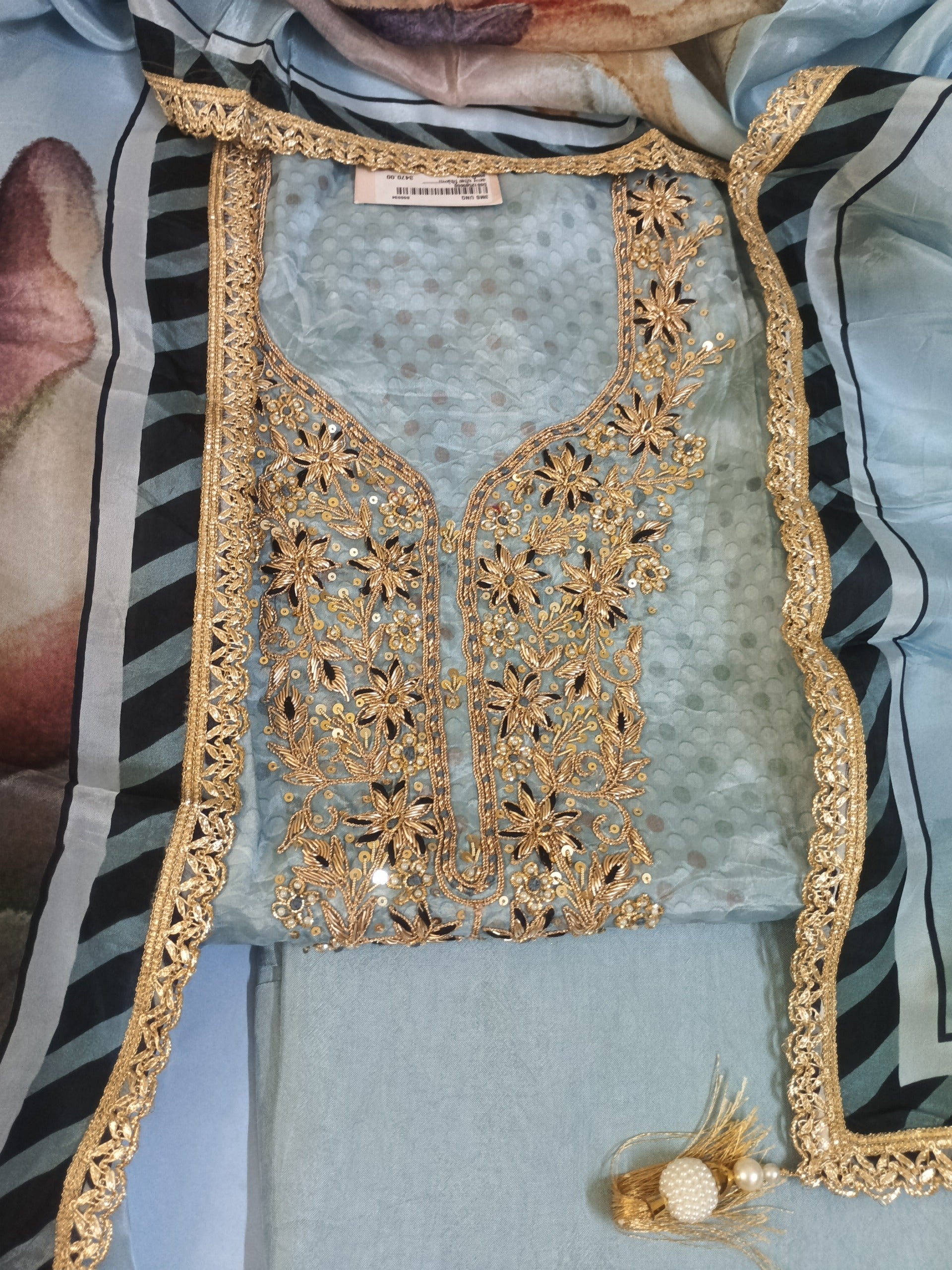 Grey Embroidered Suit with Stylish Peach Detailing