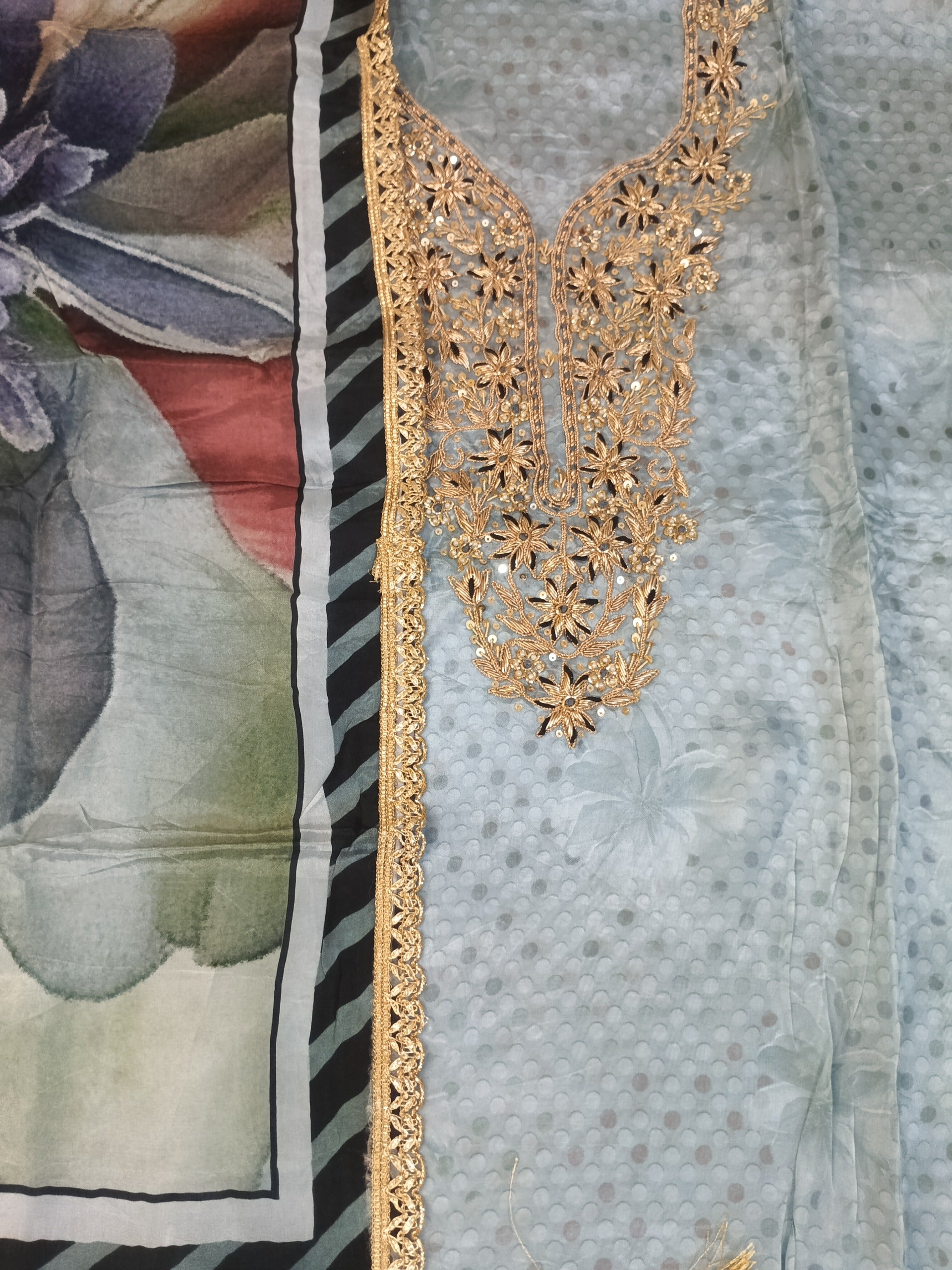 Grey Embroidered Suit with Stylish Peach Detailing