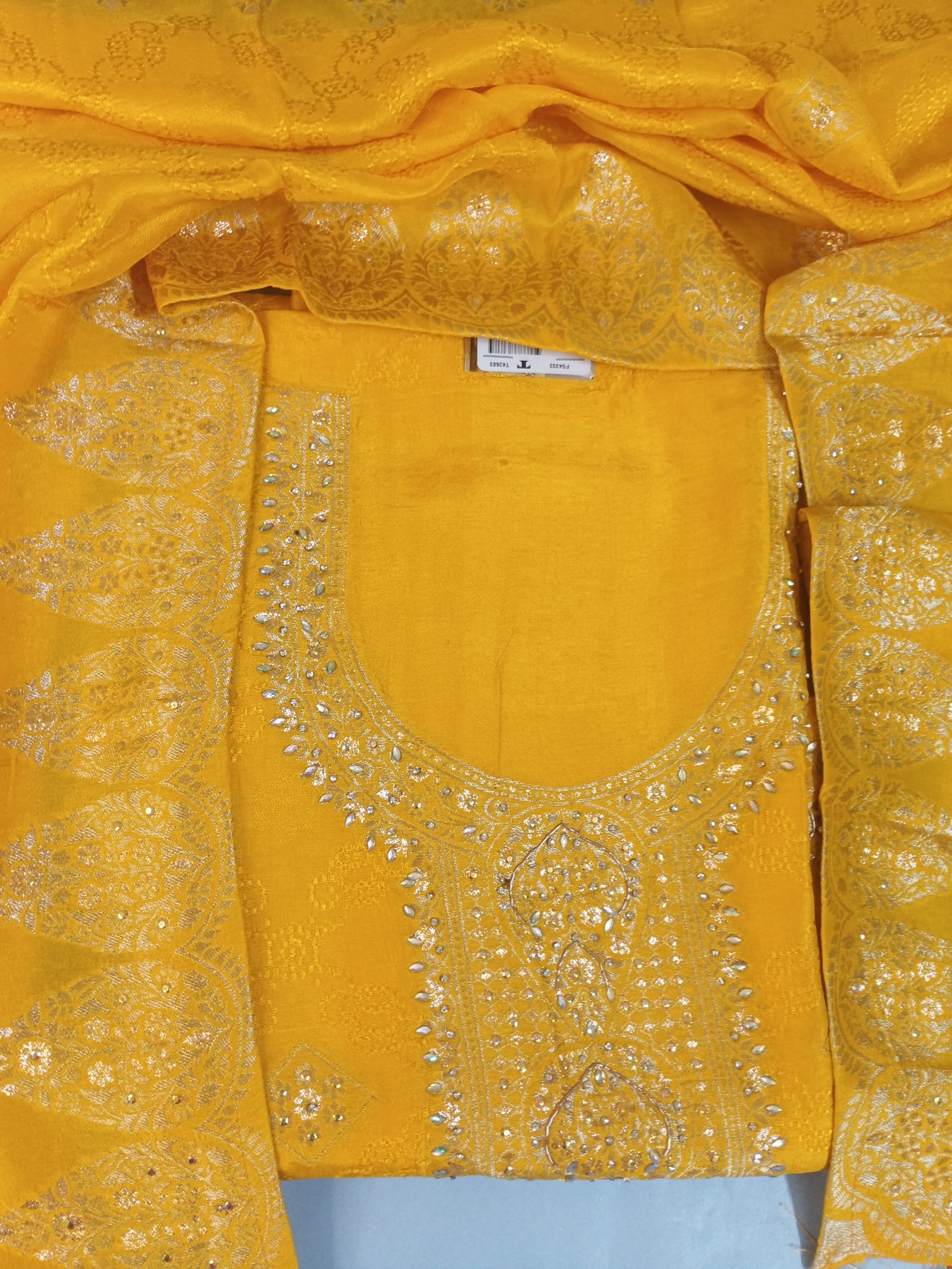 Mustard Yellow Embroidered Suit with Stylish Neck Design