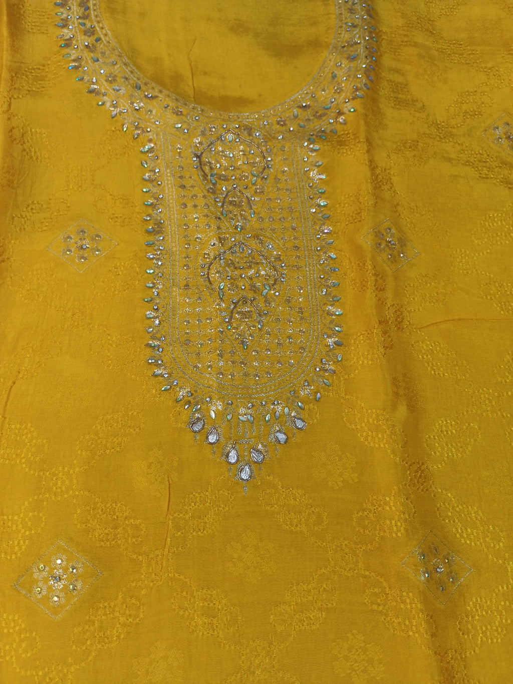 Mustard Yellow Embroidered Suit with Stylish Neck Design