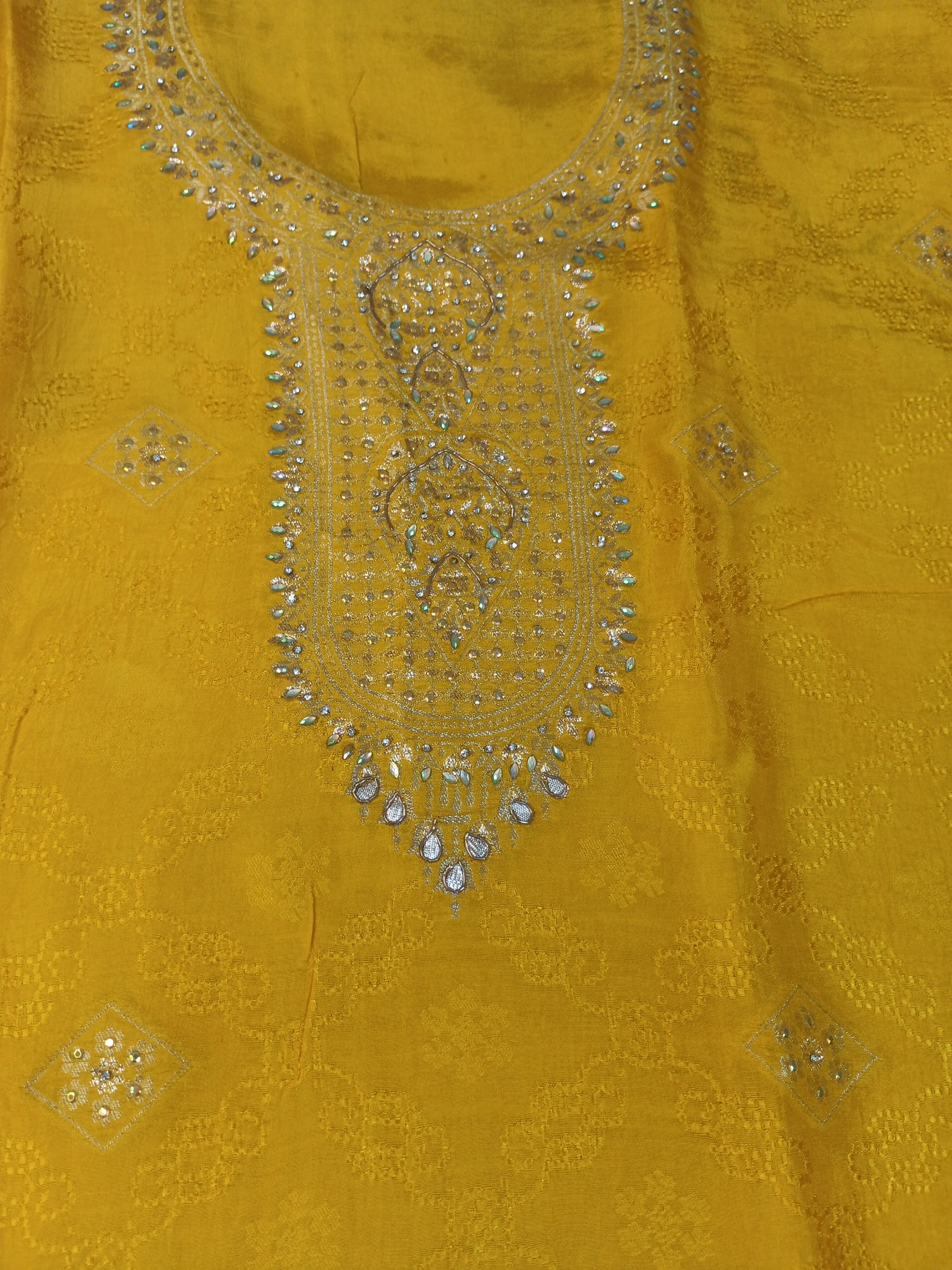 Mustard Yellow Embroidered Suit with Stylish Neck Design