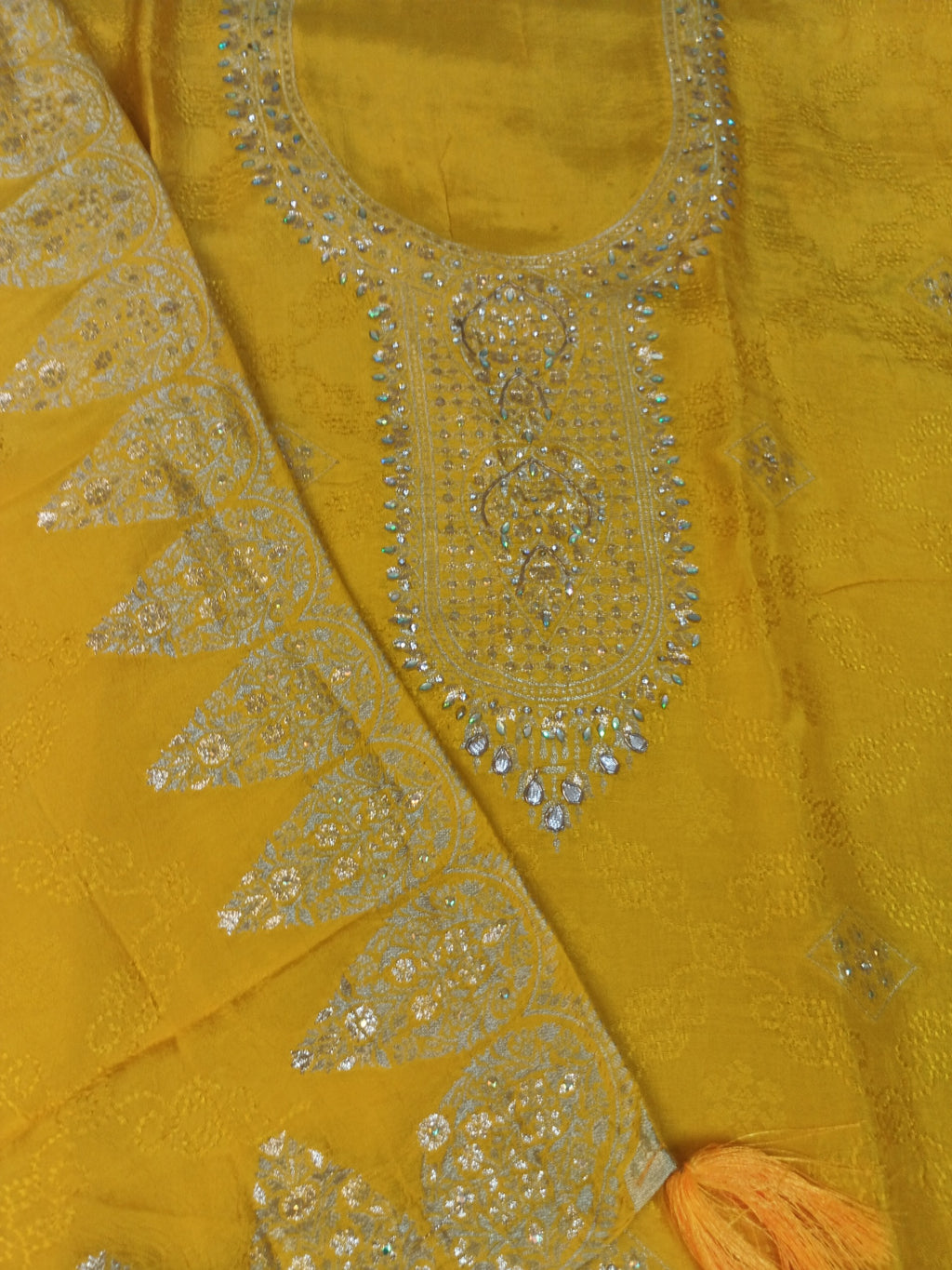 Mustard Yellow Embroidered Suit with Stylish Neck Design