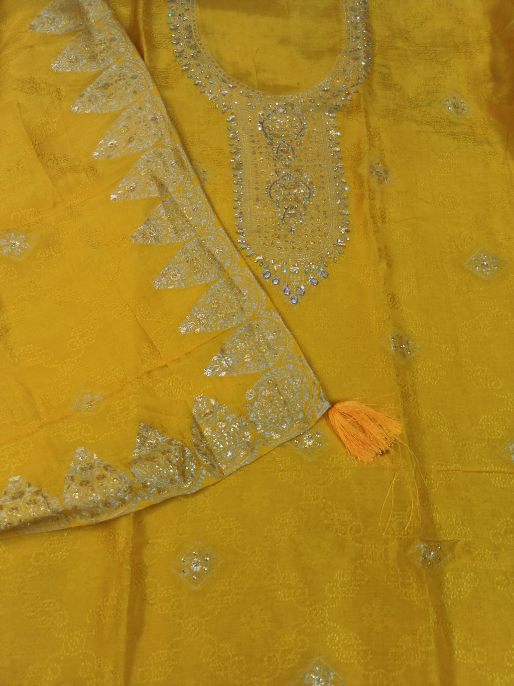 Mustard Yellow Embroidered Suit with Stylish Neck Design