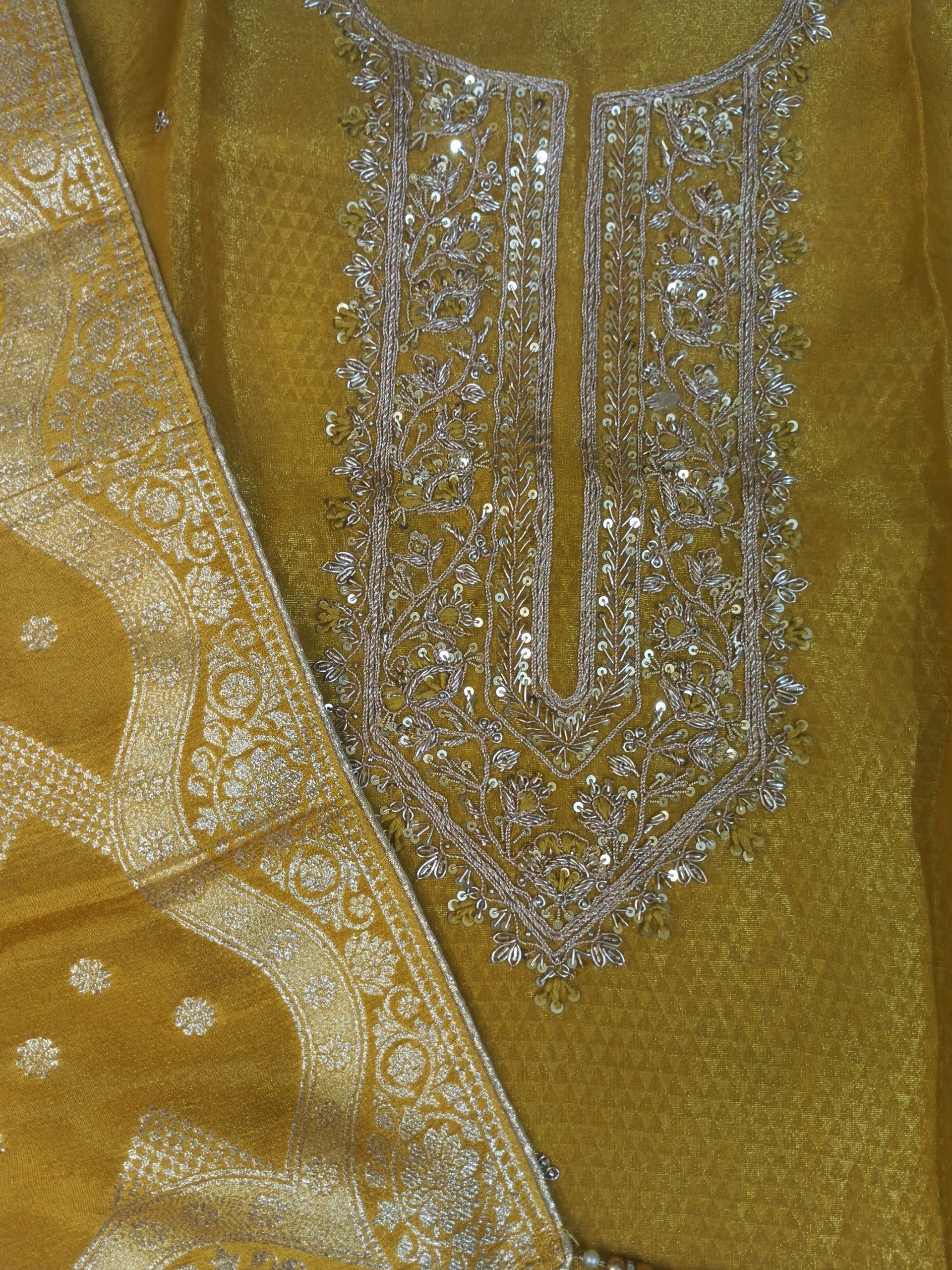 Designer Yellow Suit with Heavy Neck Embroidery