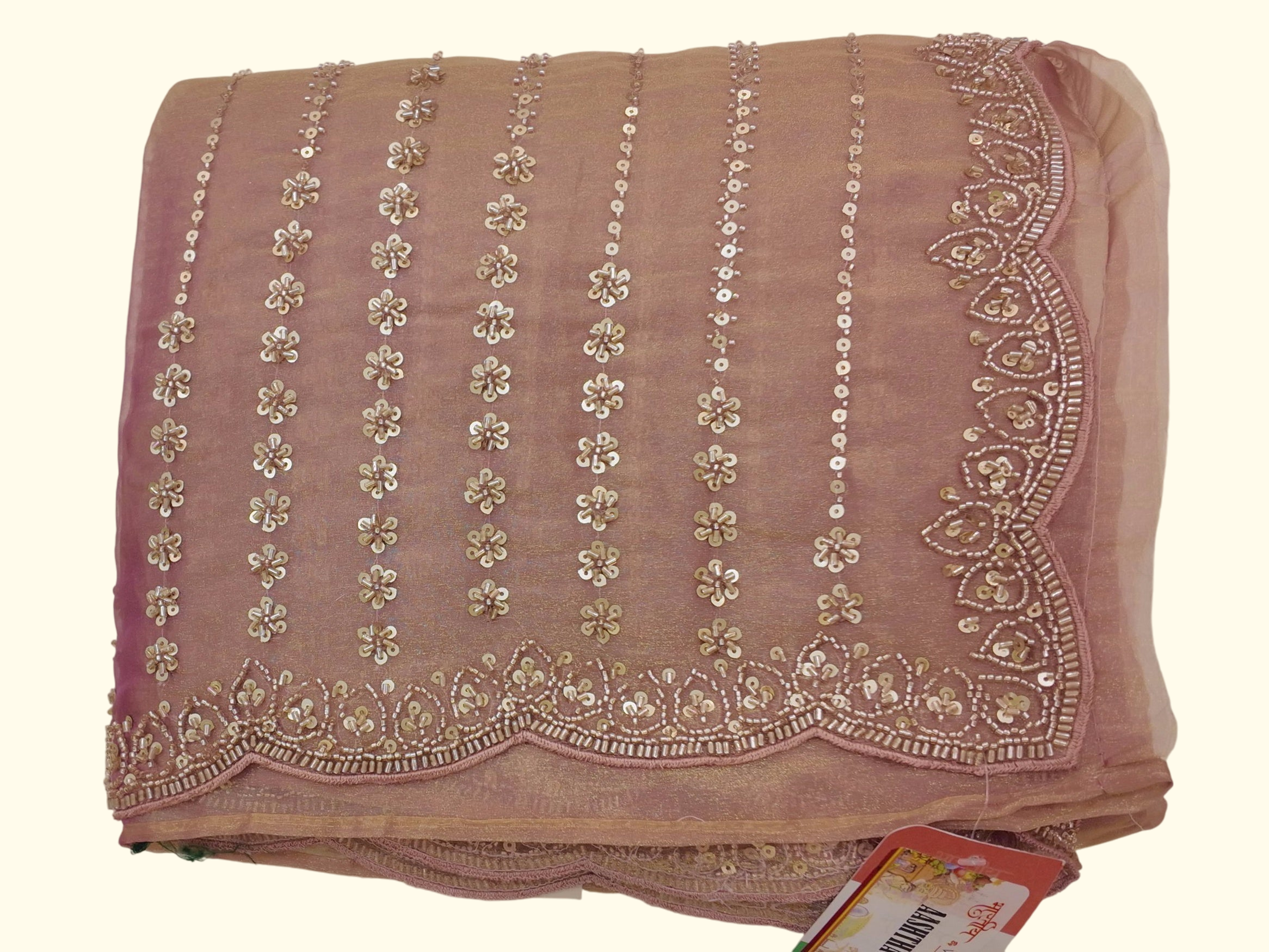 Blush Pink Sequined Saree with Floral Embroidery", - Image 1_no_bg