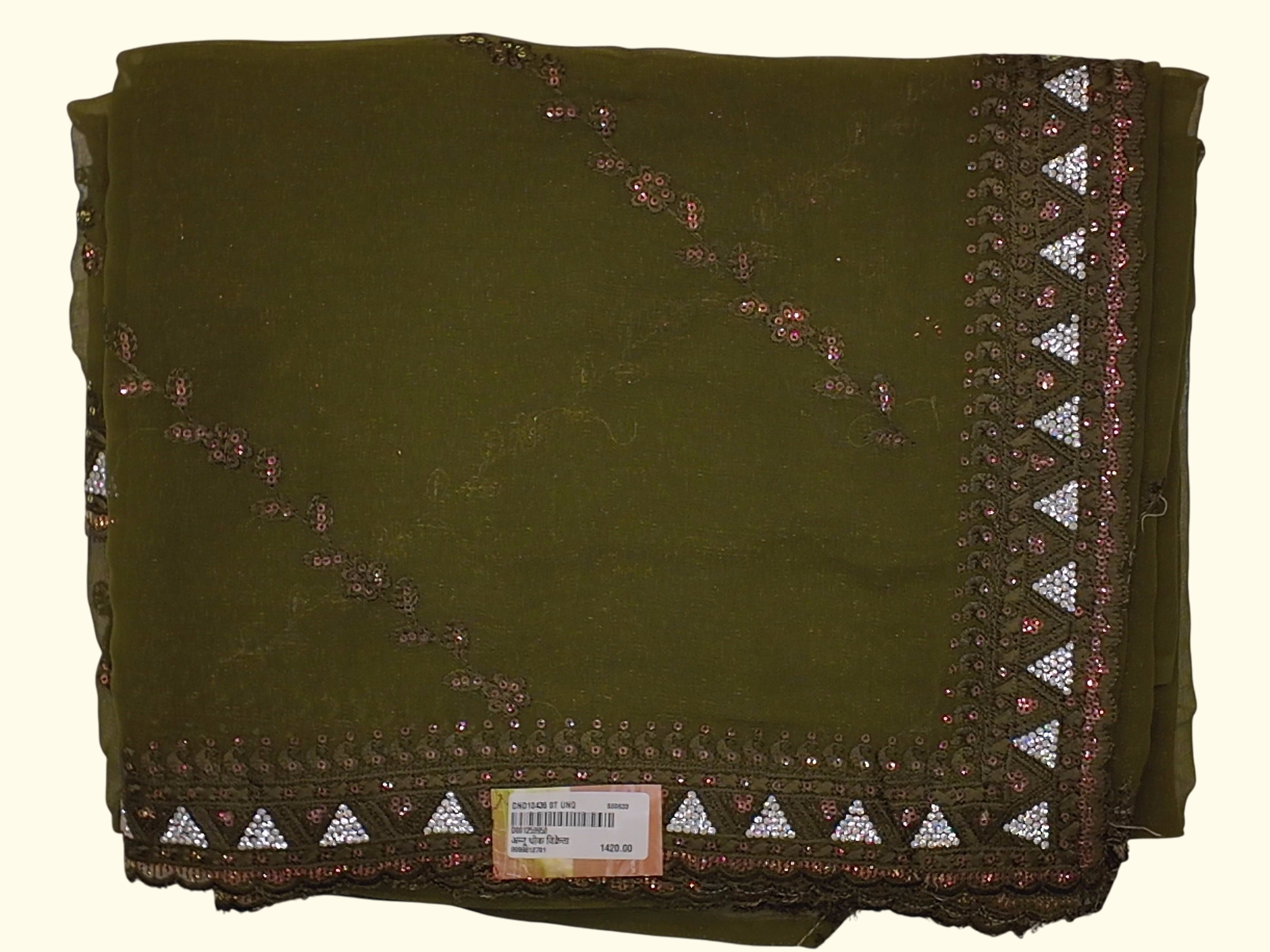 Earthy Embellishments: Olive Green Georgette Saree", - Image 1_no_bg