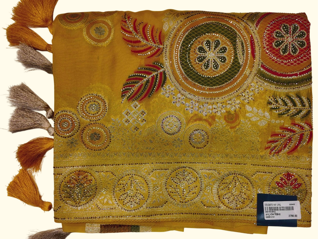 Elegant Golden Embroidered Saree with Tassels - Festive Collection", - Image 1_no_bg