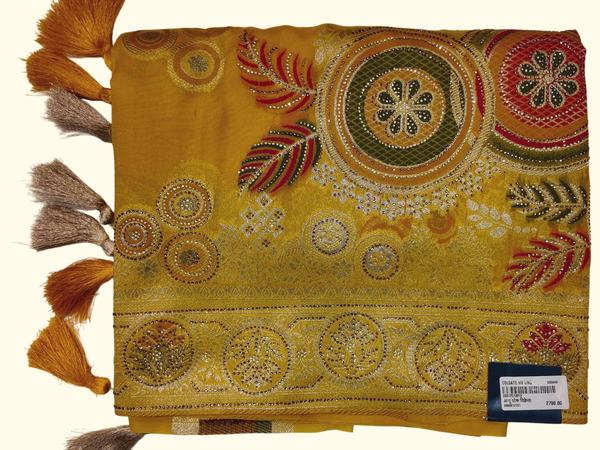 Elegant Golden Embroidered Saree with Tassels - Festive Collection", - Image 1_no_bg
