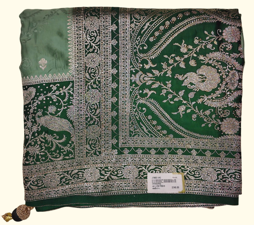 Elegant Green Banarasi Silk Saree with Intricate Silver Zari Work", - Image 1_no_bg