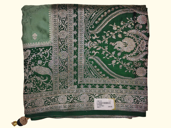 Elegant Green Banarasi Silk Saree with Intricate Silver Zari Work", - Image 1_no_bg