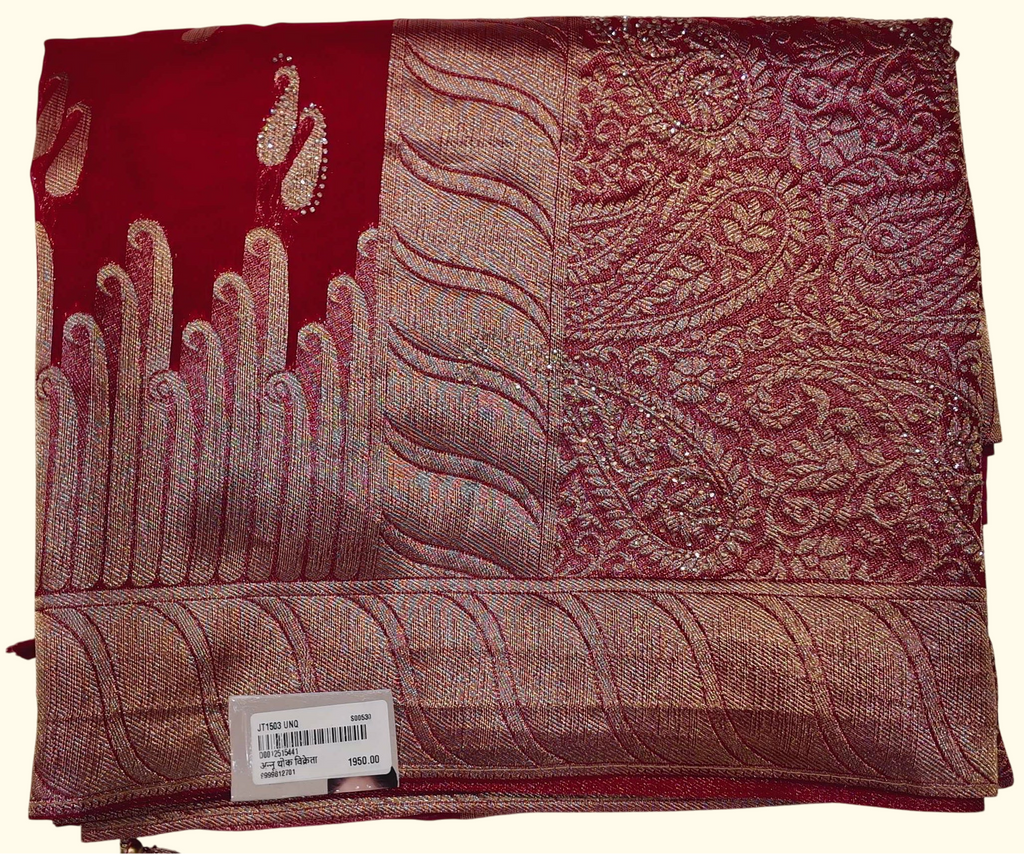 Elegant Red Saree with Intricate Gold Embroidery", - Image 1_no_bg