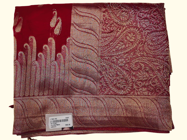 Elegant Red Saree with Intricate Gold Embroidery", - Image 1_no_bg
