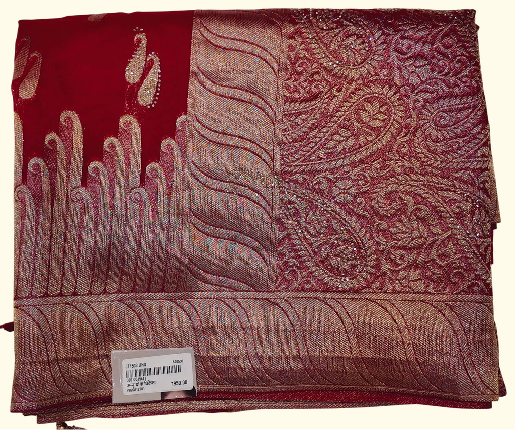 Elegant Red Saree with Intricate Gold Embroidery", - Image 1_no_bg