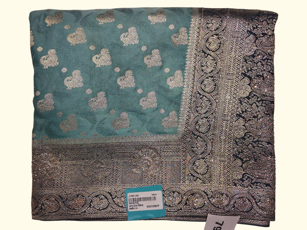 Elegant Teal Banarasi Saree with Intricate Zari Work", - Image 1_no_bg