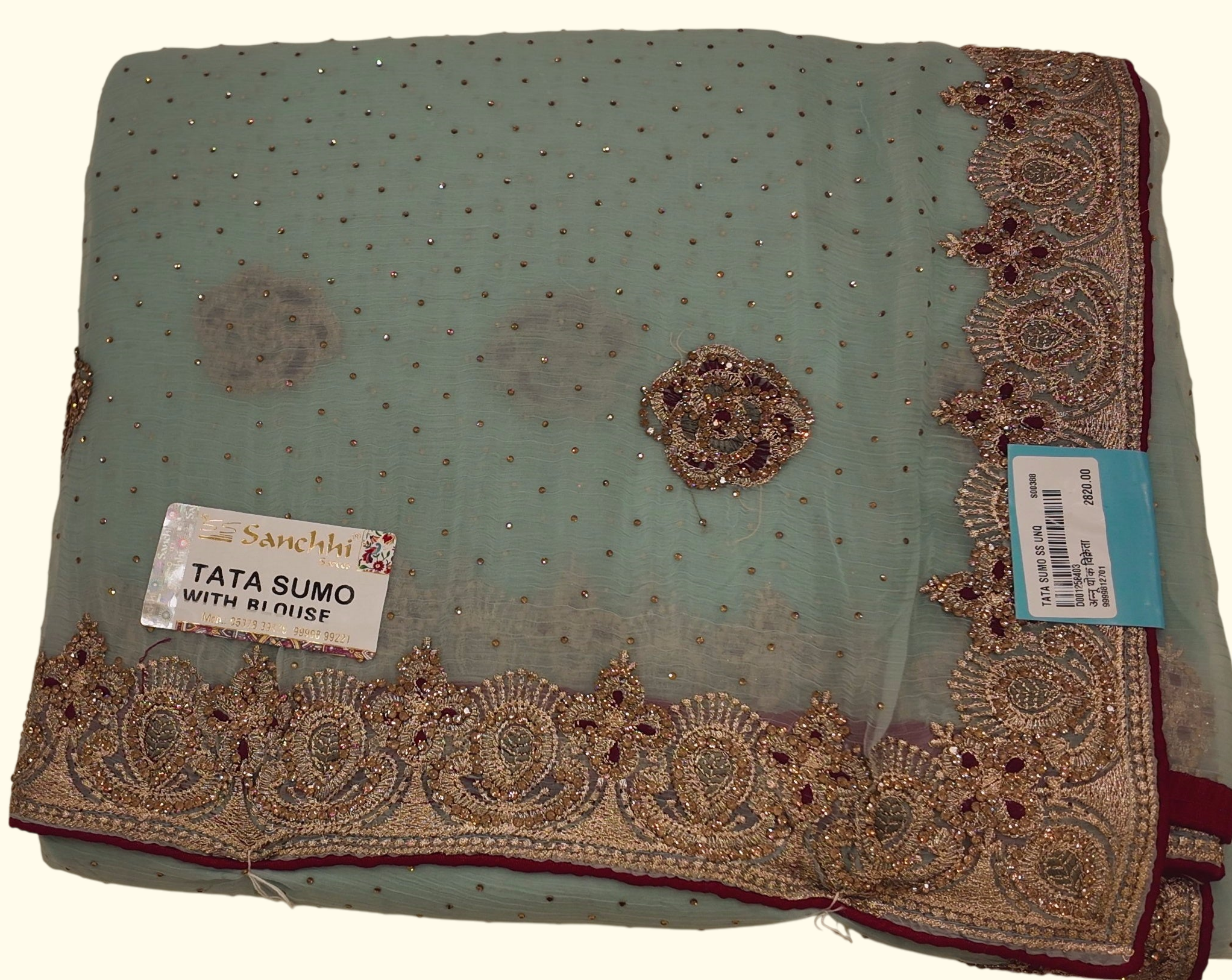 Enchanting Seafoam Dream Saree with Intricate Embroidery", - Image 1_no_bg