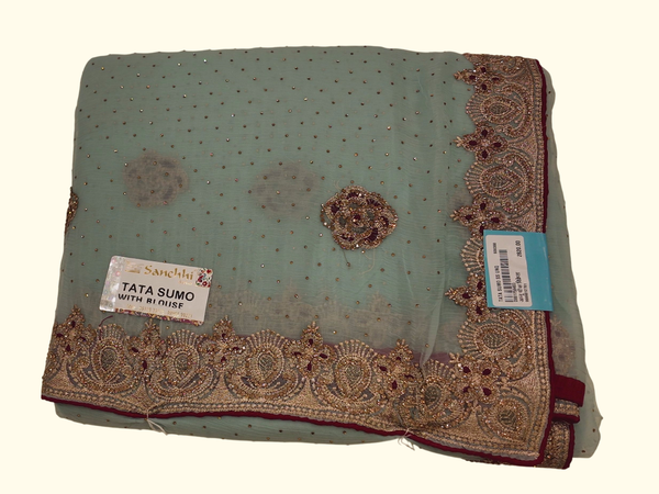 Enchanting Seafoam Dream Saree with Intricate Embroidery", - Image 1_no_bg