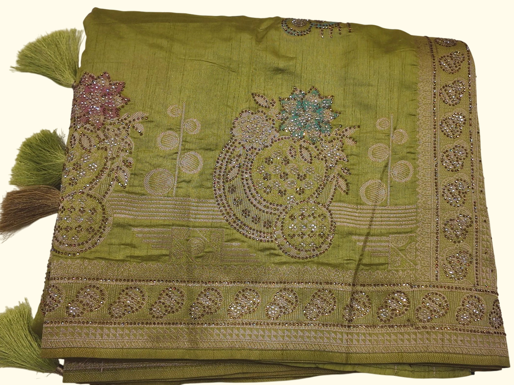 Exquisite Lime Green Silk Saree with Embellished Borders", - Image 1_no_bg