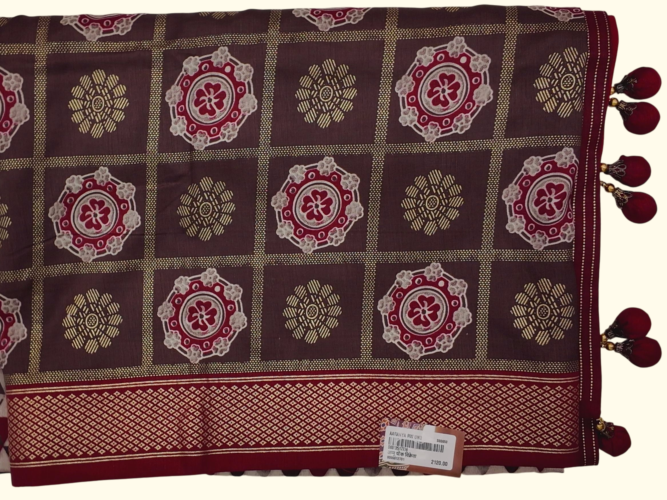 Festive Maroon & Gold Geometric Motif Saree with Tassel Accents", - Image 1_no_bg
