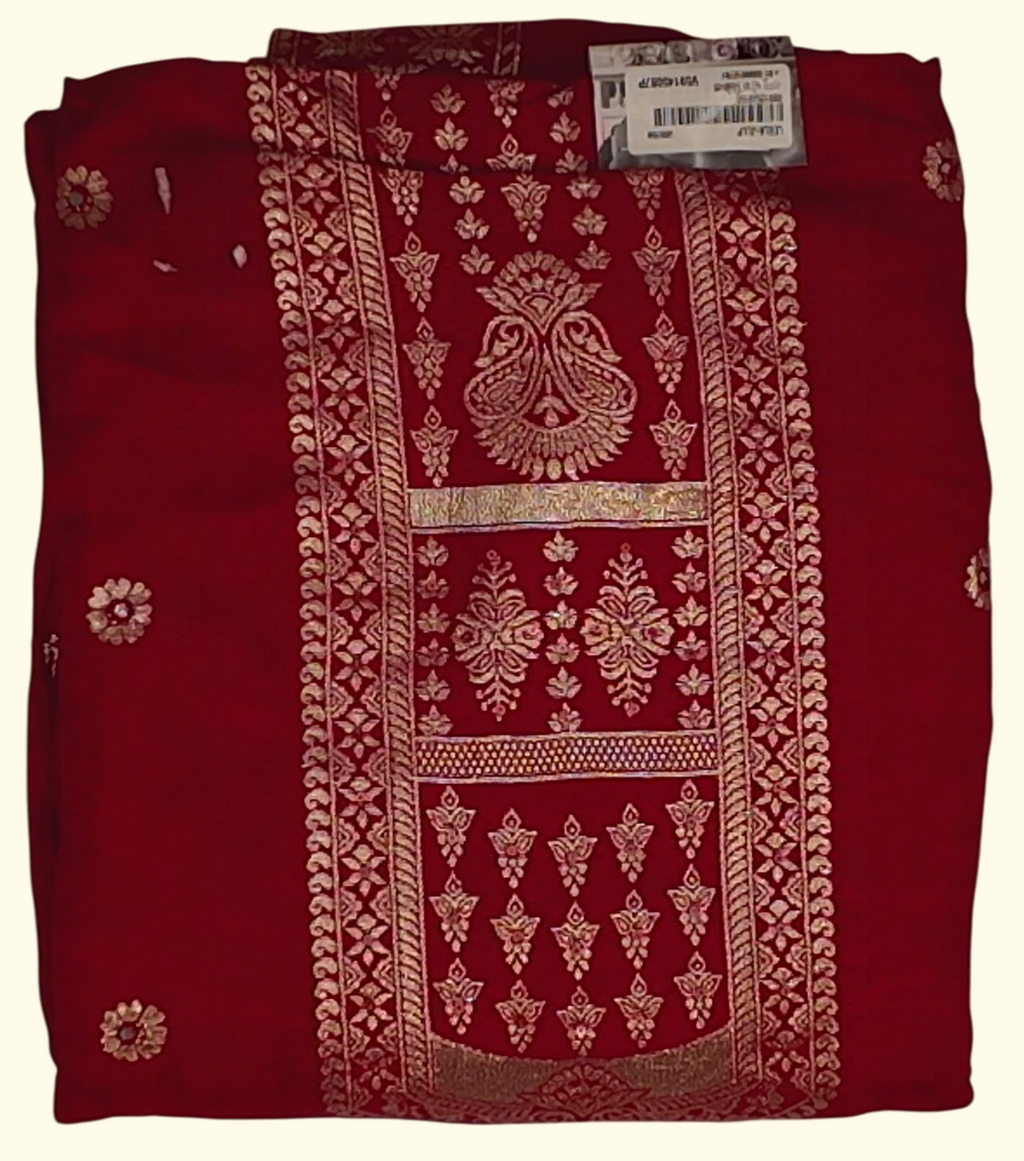 Festive Red Unstitched Suit with Intricate Gold Embroidery", - Image 1_no_bg