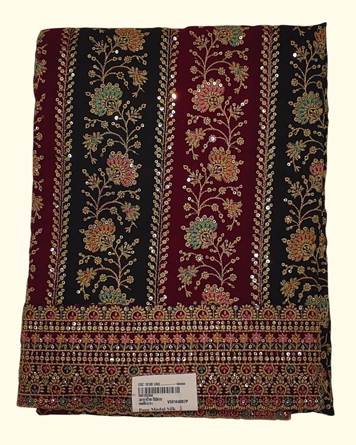 Floral Splendor Unstitched Suit – Rich Maroon & Black Tapestry", - Image 1_no_bg