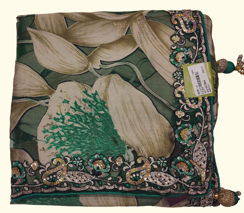 Floral Symphony: Enchanting Green Crepe Saree with Embellishments", - Image 1_no_bg