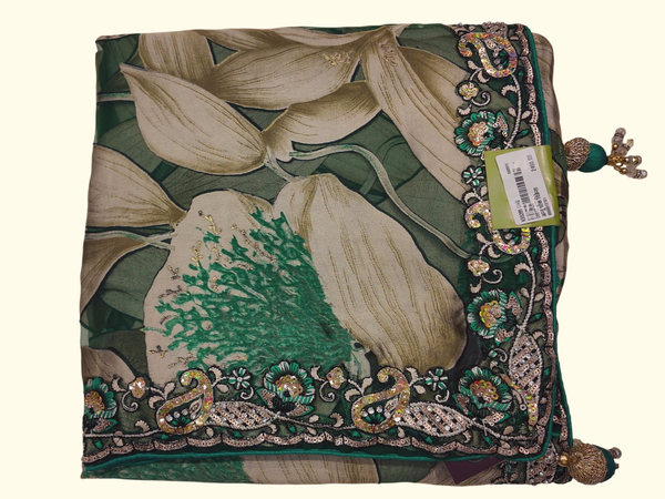 Floral Symphony: Enchanting Green Crepe Saree with Embellishments", - Image 1_no_bg