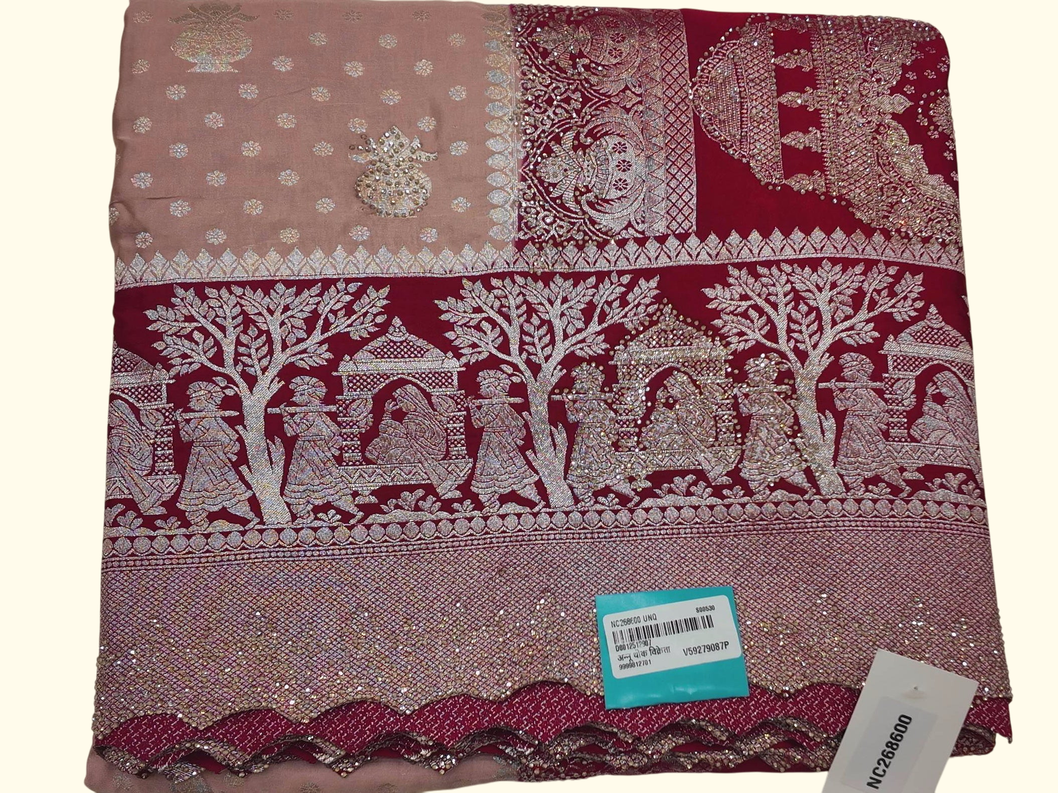 Glamorous Maroon-Pink Tapestry Saree with Lavish Silver Threadwork", - Image 1_no_bg