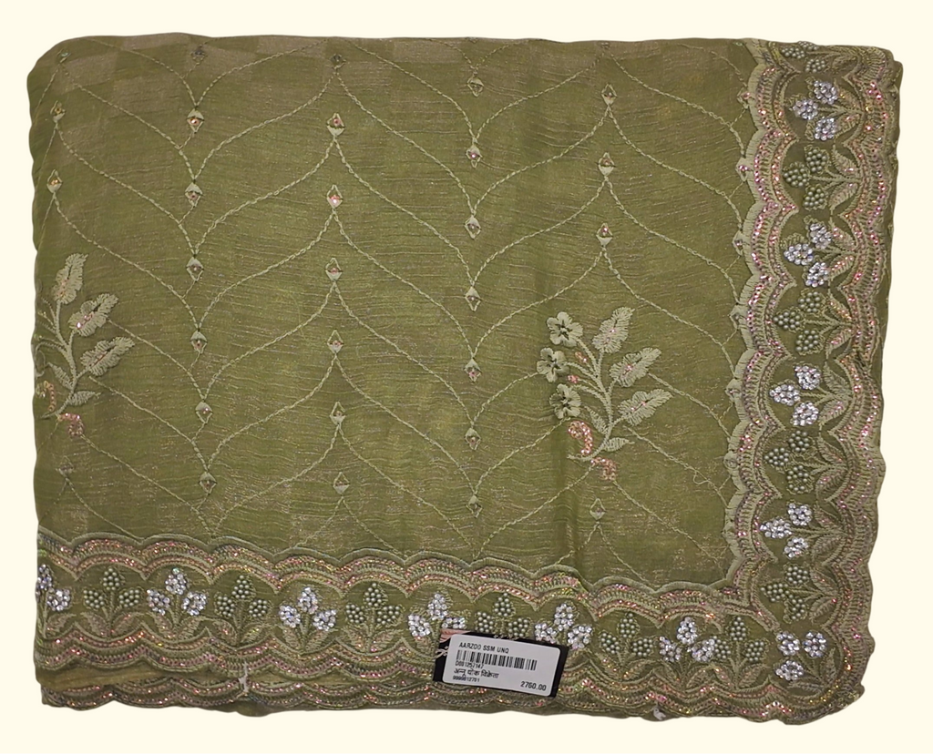 Lush Olive Embroidered Saree with Delicate Floral Patterns", - Image 1_no_bg
