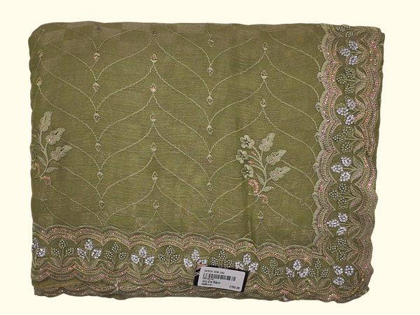 Lush Olive Embroidered Saree with Delicate Floral Patterns", - Image 1_no_bg