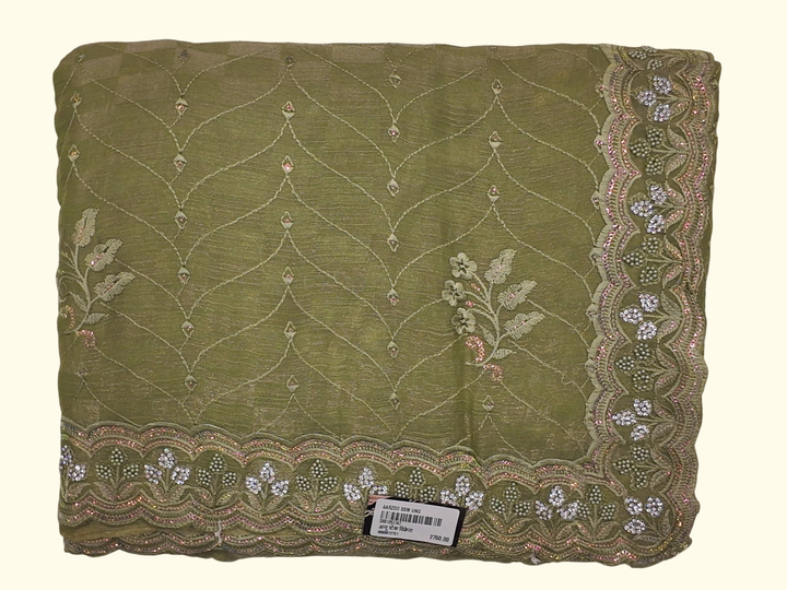 Lush Olive Embroidered Saree with Delicate Floral Patterns", - Image 1_no_bg