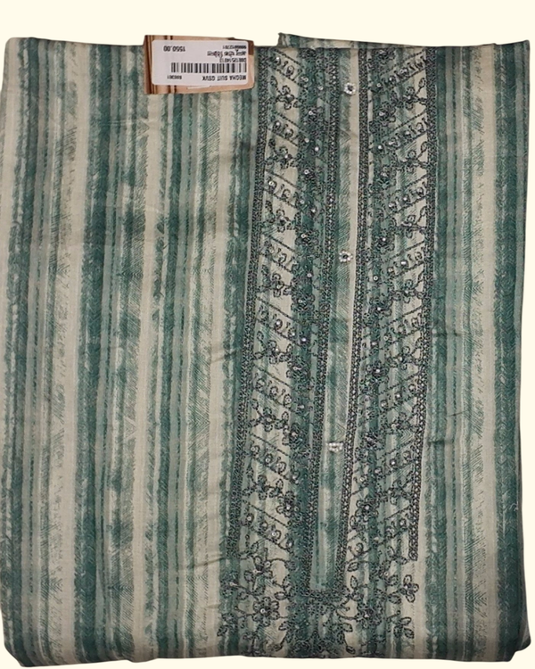 Lush Stripes: Handcrafted Jade & Ivory Unstitched Ensemble", - Image 1_no_bg