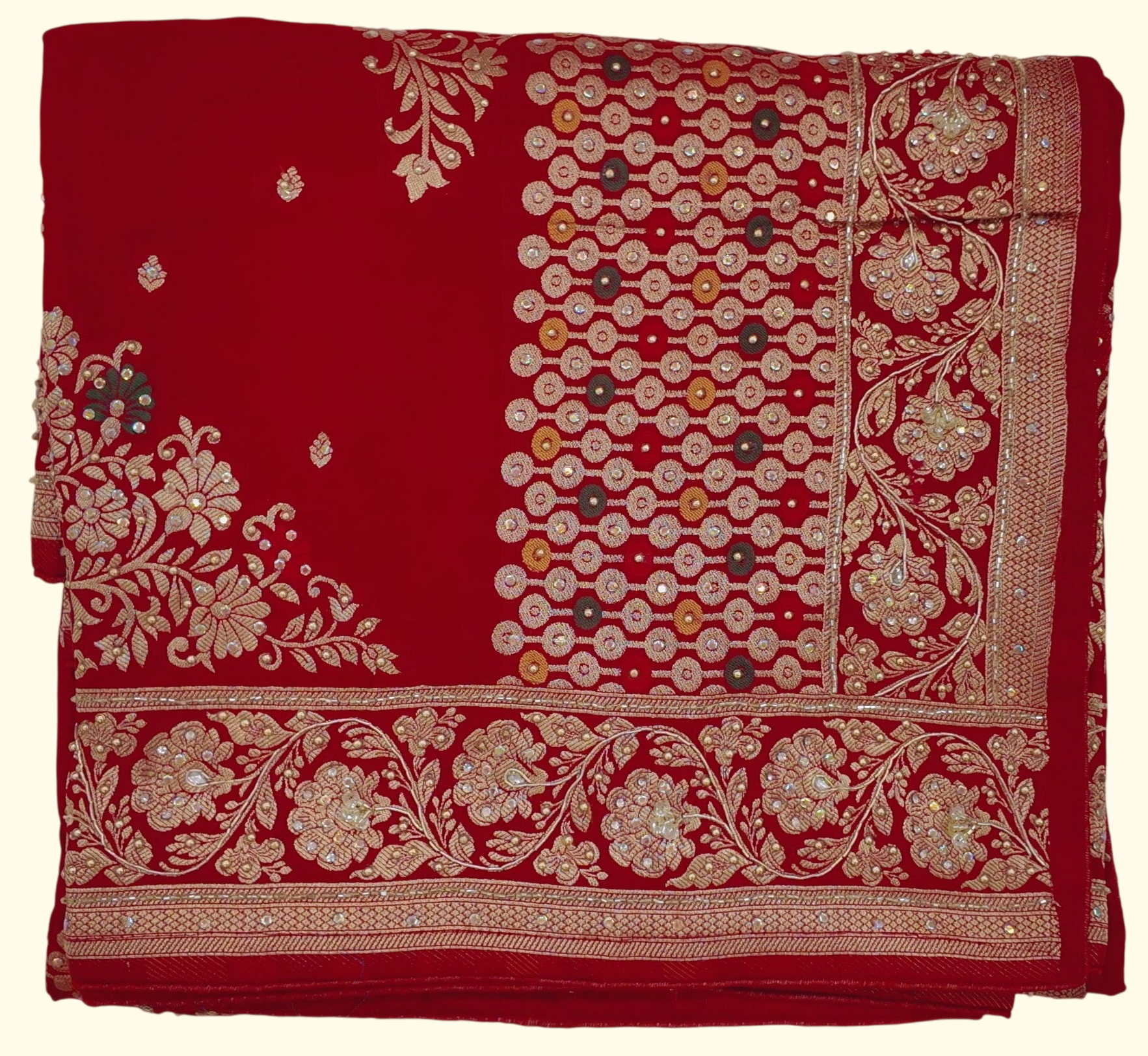 Luxe Scarlet Saree with Exquisite Floral Embroidery", - Image 1_no_bg