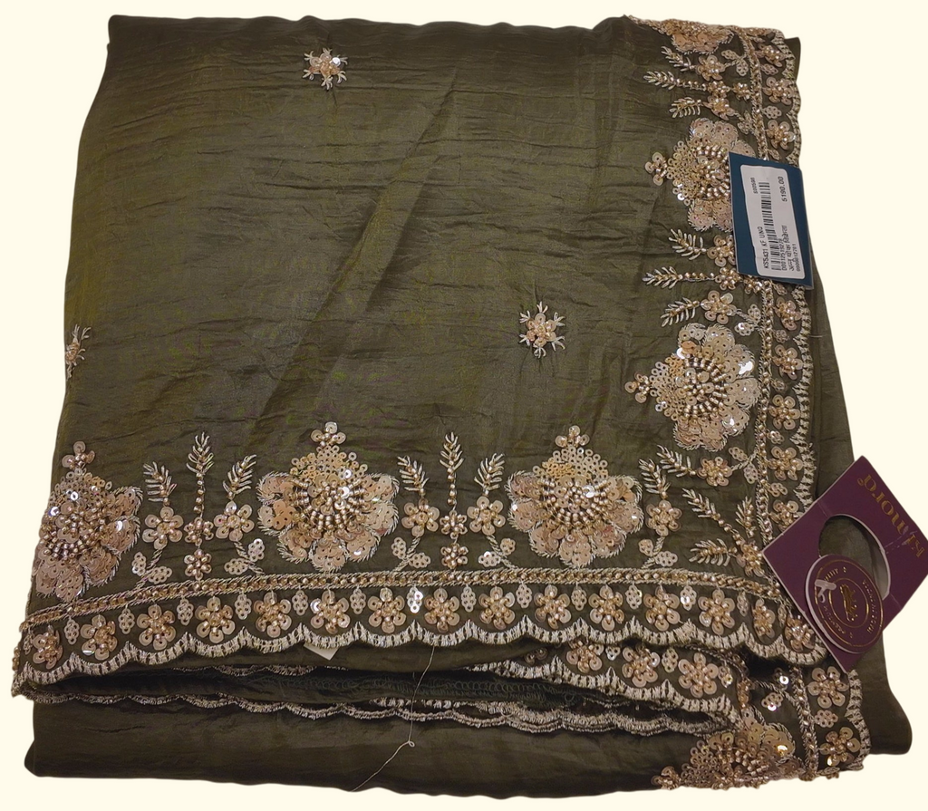 Luxurious Olive Saree with Shimmering Blossom Embellishments", - Image 1_no_bg