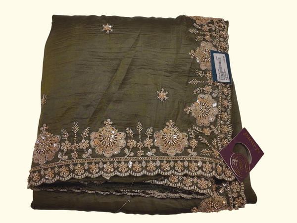 Luxurious Olive Saree with Shimmering Blossom Embellishments", - Image 1_no_bg