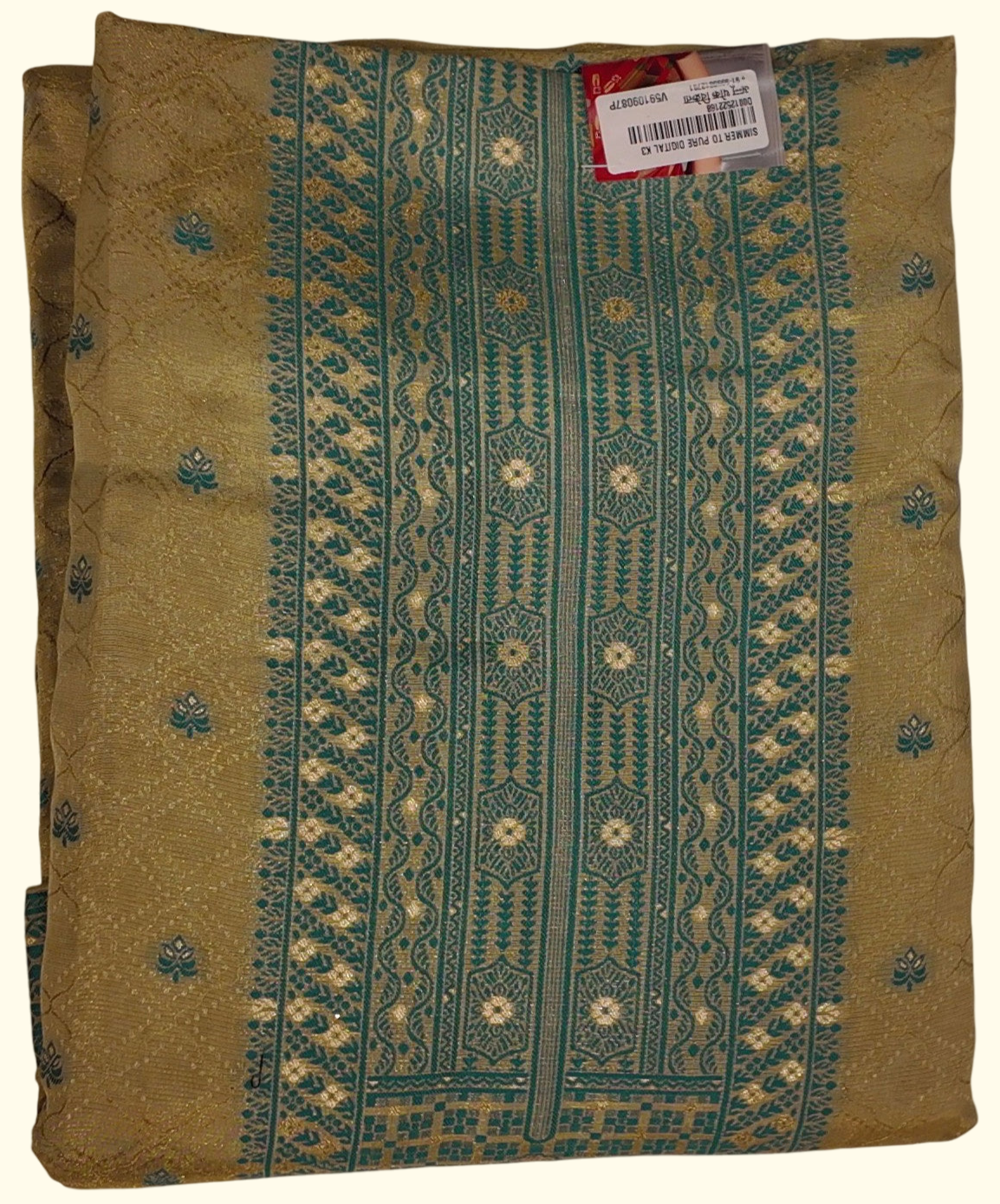 Luxurious Teal & Gold Unstitched Suit: Craft Your Style", - Image 1_no_bg