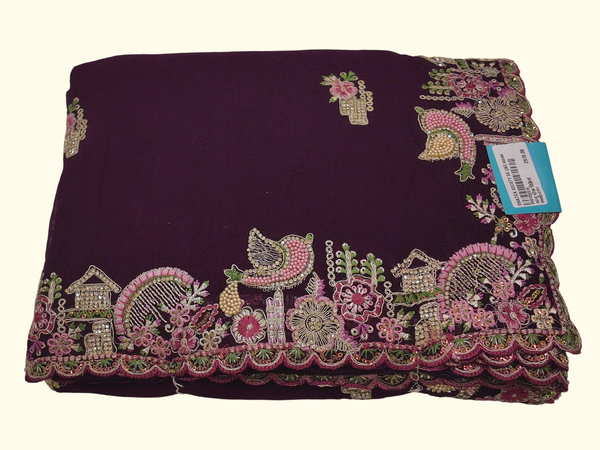 Majestic Plum Saree with Enchanting Embroidery Flora & Fauna", - Image 1_no_bg