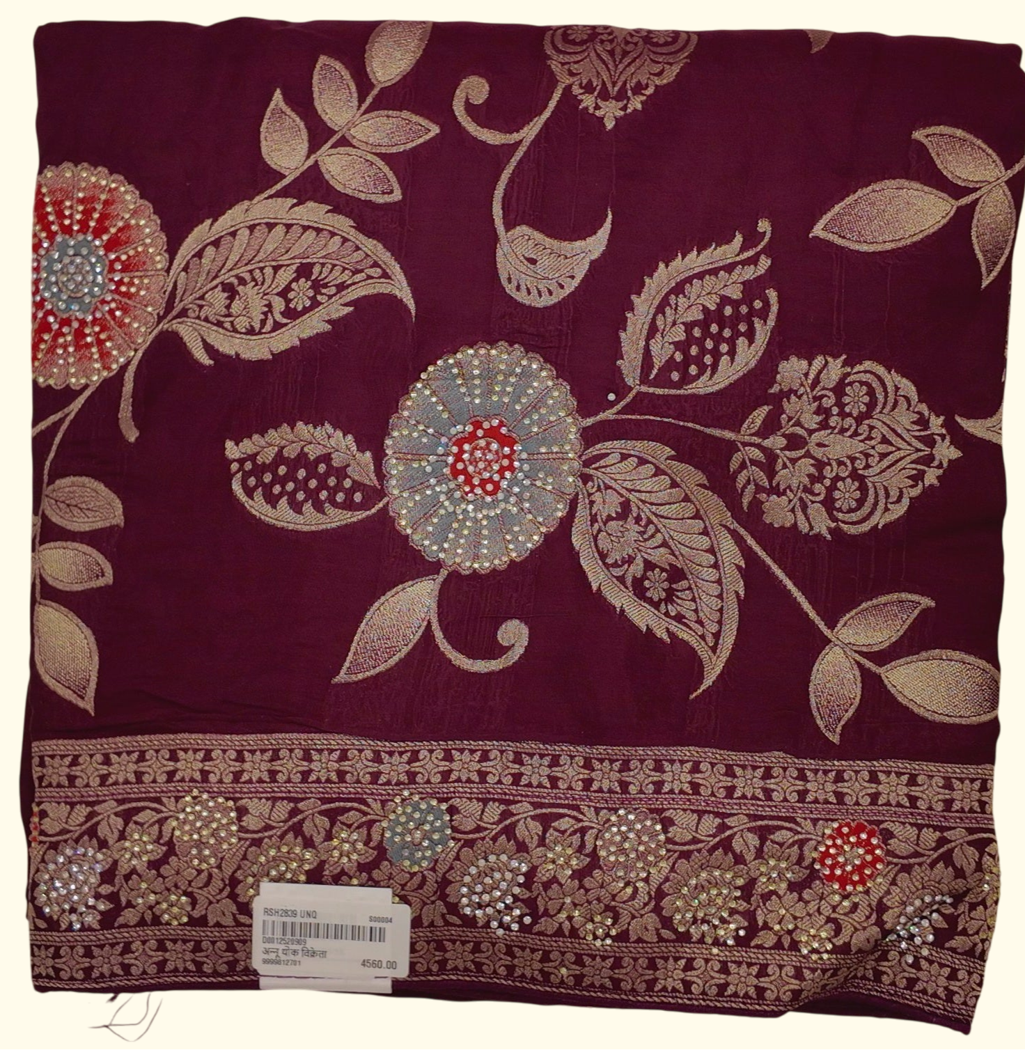 Maroon Floral Symphony Saree for Grand Celebrations", - Image 1_no_bg