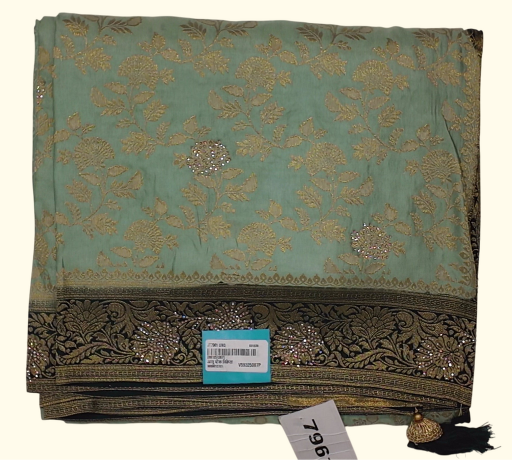 Mint Green Floral Saree with Golden Embroidered Elegance", - Image 1_no_bg