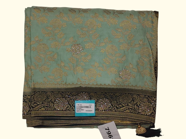 Mint Green Floral Saree with Golden Embroidered Elegance", - Image 1_no_bg