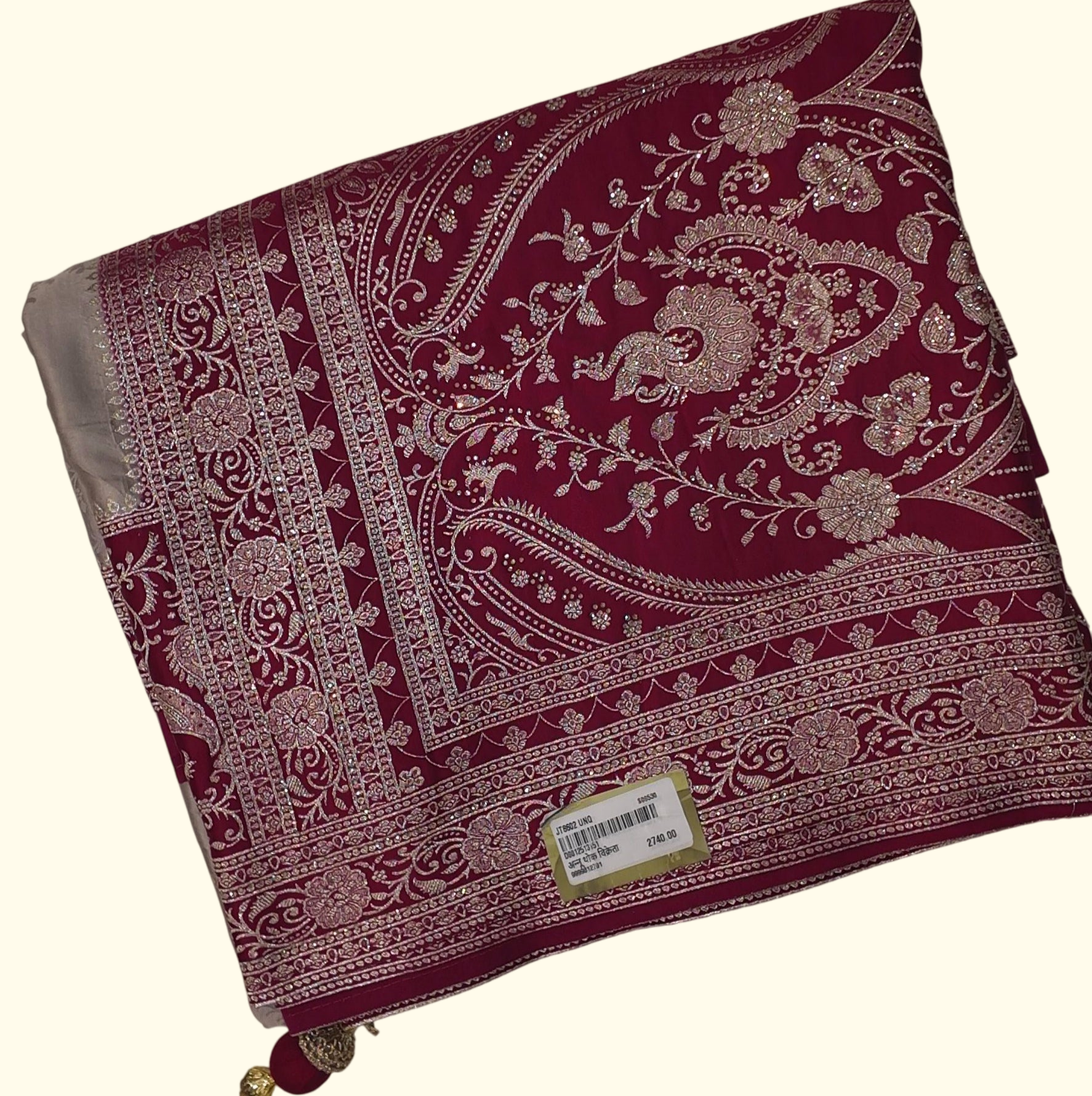 Opulent Burgundy & Silver Silk Saree with Intricate Motifs", - Image 1_no_bg