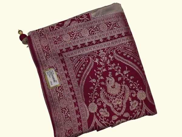Opulent Burgundy & Silver Silk Saree with Intricate Motifs", - Image 1_no_bg