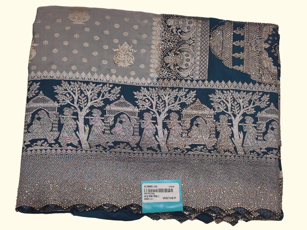 Opulent Charcoal & Midnight Blue Tale Weave Saree", - Image 1_no_bg