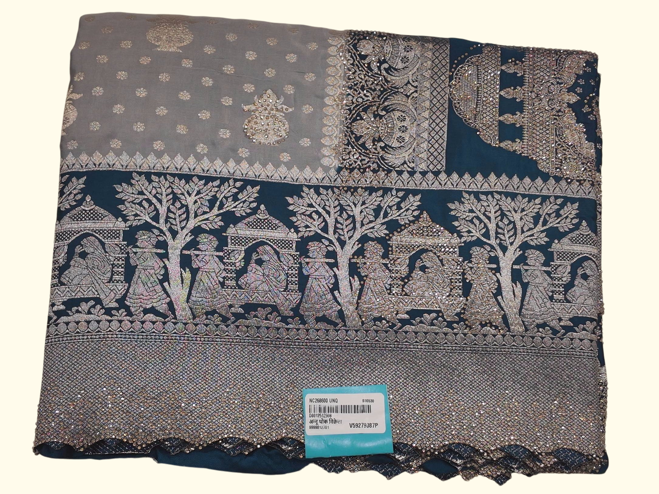 Opulent Charcoal & Midnight Blue Tale Weave Saree", - Image 1_no_bg