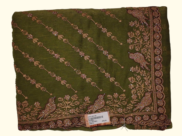 Opulent Olive Sparkle Saree with Embellished Bird Motifs", - Image 1_no_bg