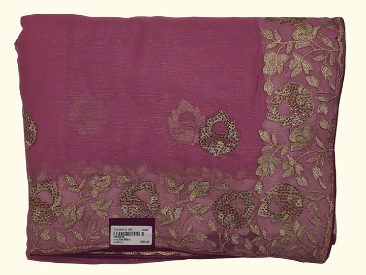 Orchid Bloom Chiffon Saree with Golden Leafy Embroidery", - Image 1_no_bg