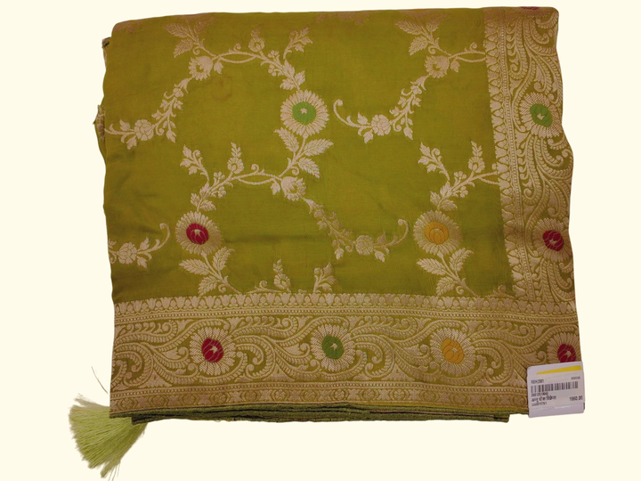 Ornate Gold-Embroidered Saree in Lively Green Hue", - Image 1_no_bg