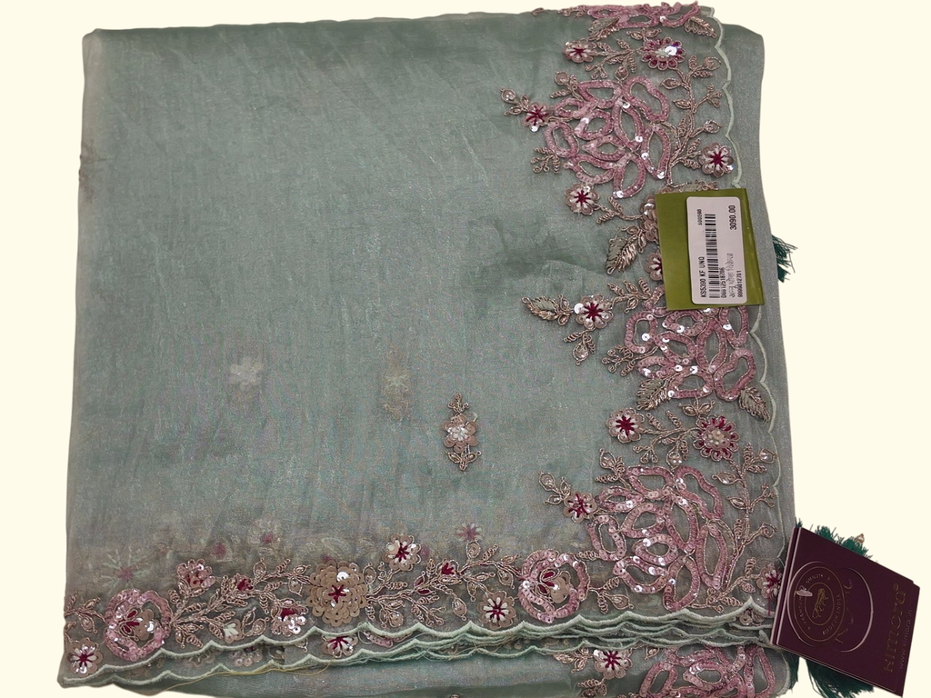 Pastel Charm: Embroidered Mint Bliss Saree for Festive Whimsy", - Image 1_no_bg