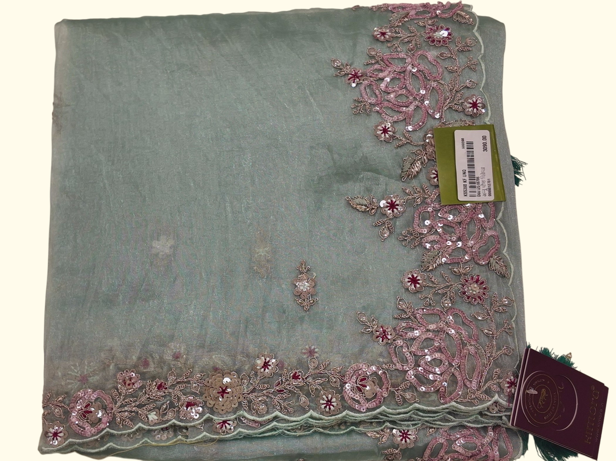 Pastel Charm: Embroidered Mint Bliss Saree for Festive Whimsy", - Image 1_no_bg