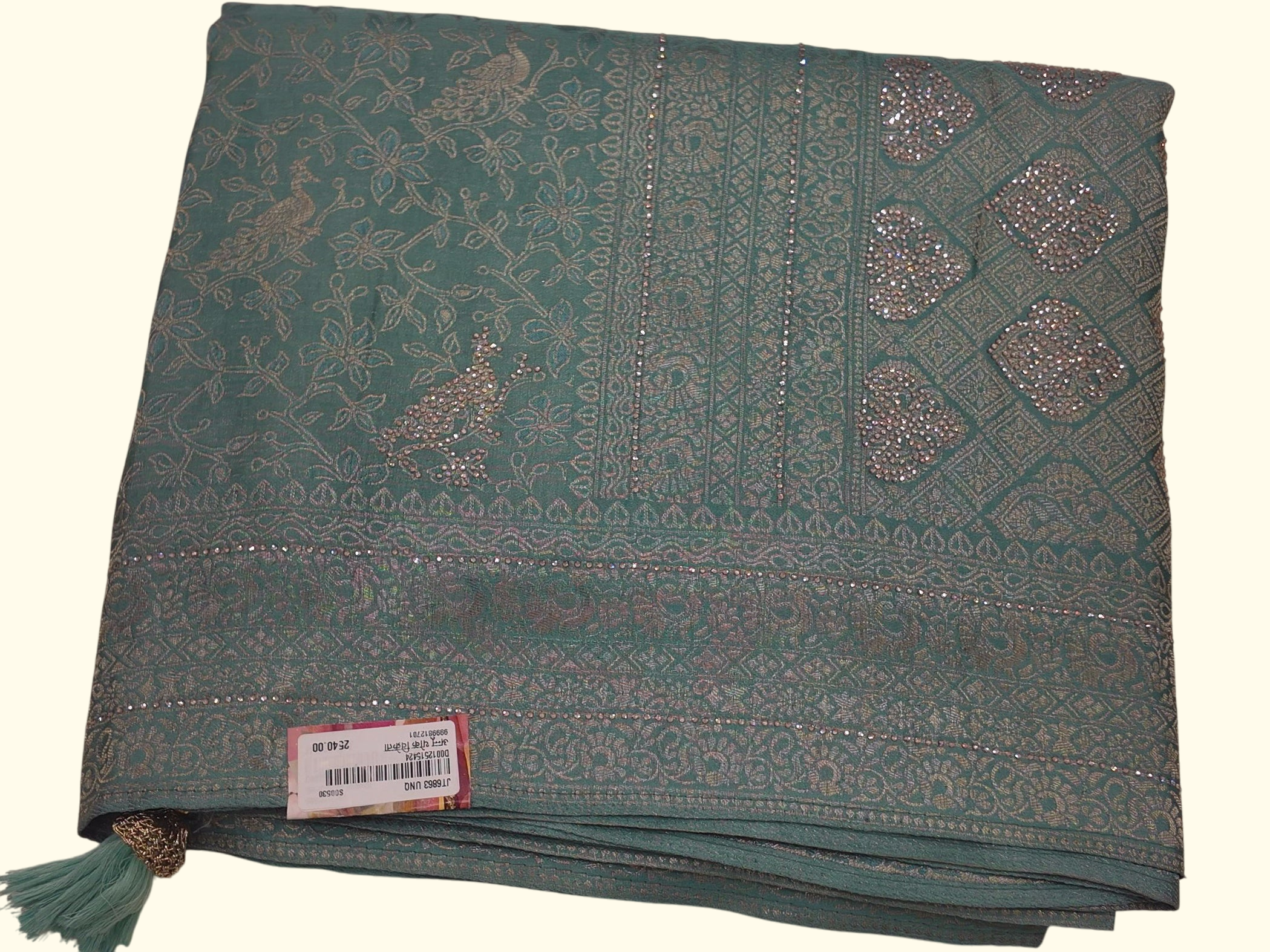 Peacock Dream: Teal Heritage Saree with Dazzling Embellishments", - Image 1_no_bg